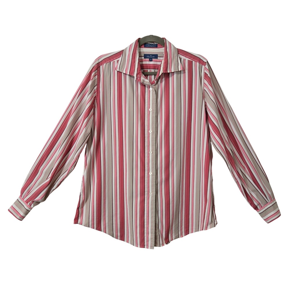 Faconnable Women M Classic Pink Red Striped Button Down Shirt Long Sleeve Cotton